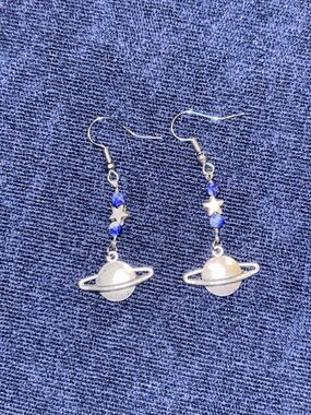 Silver Planet Drop Earrings with Blue Beads